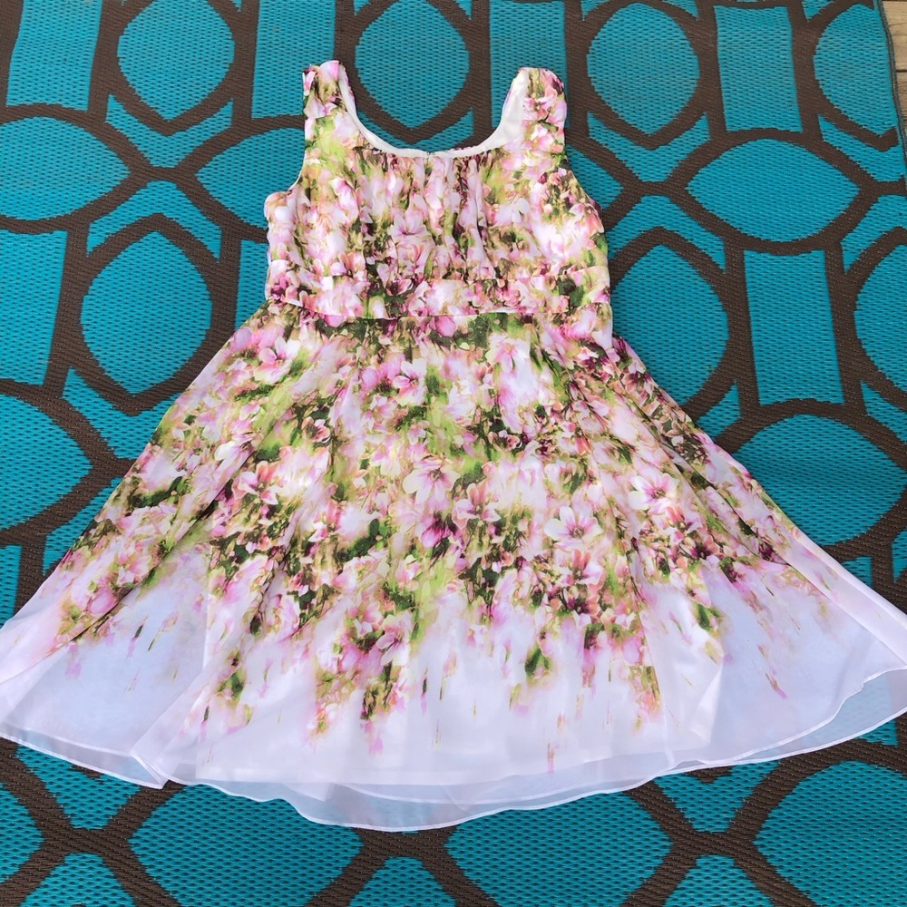 Floral Pink & Green Sleeveless Chiffon Dress
